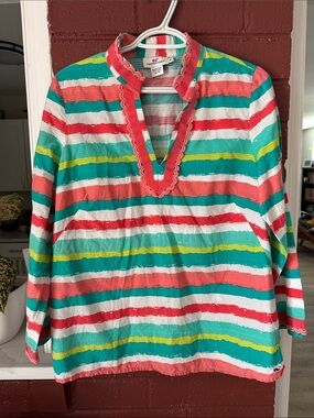 Vineyard Vines Savannah Harbor Multicolor Striped Popover Silk & Cotton Blouse